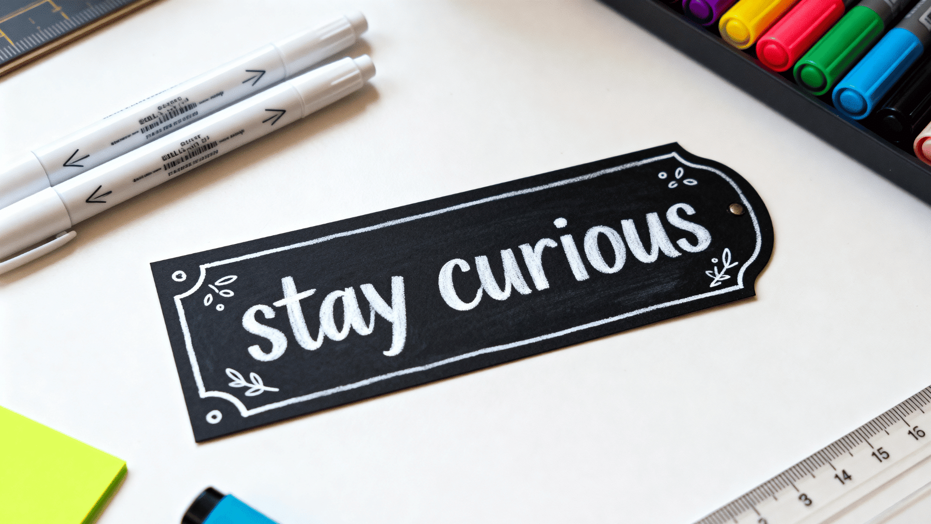 chalkboard style bookmark with black background white design details and stationery supplies on creative desk