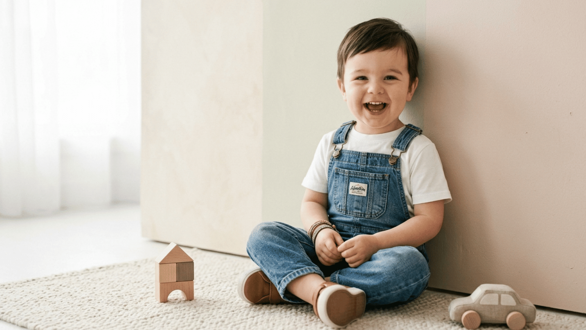 cheerful little boy in denim overalls and white sneakers laughing mid jump against a soft pastel background