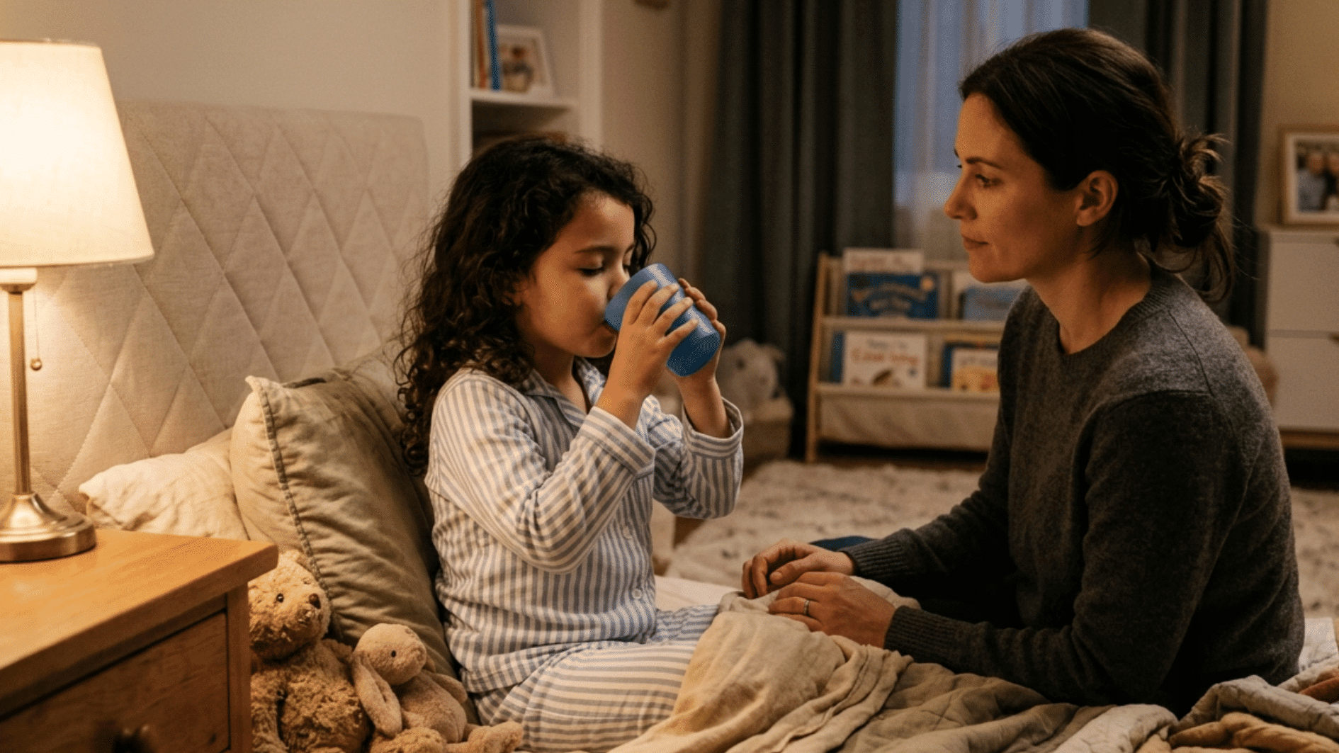 child drinking water in bed to relieve ear pressure at night with parent supervision (1)