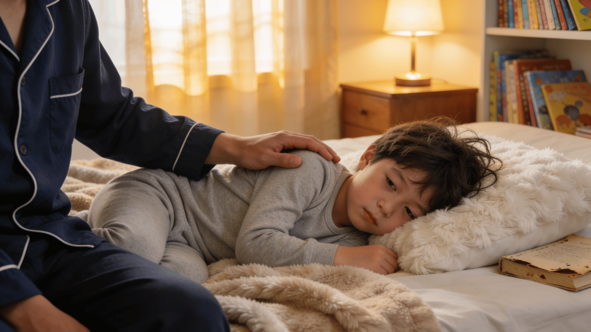 child resting in bed while parent provides comfort and care during illness with a warm and calm home setting