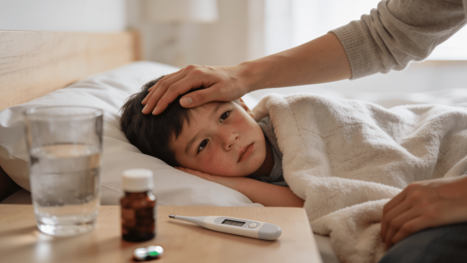 child resting in bed with fever while caregiver checking temperature and providing comfort at home