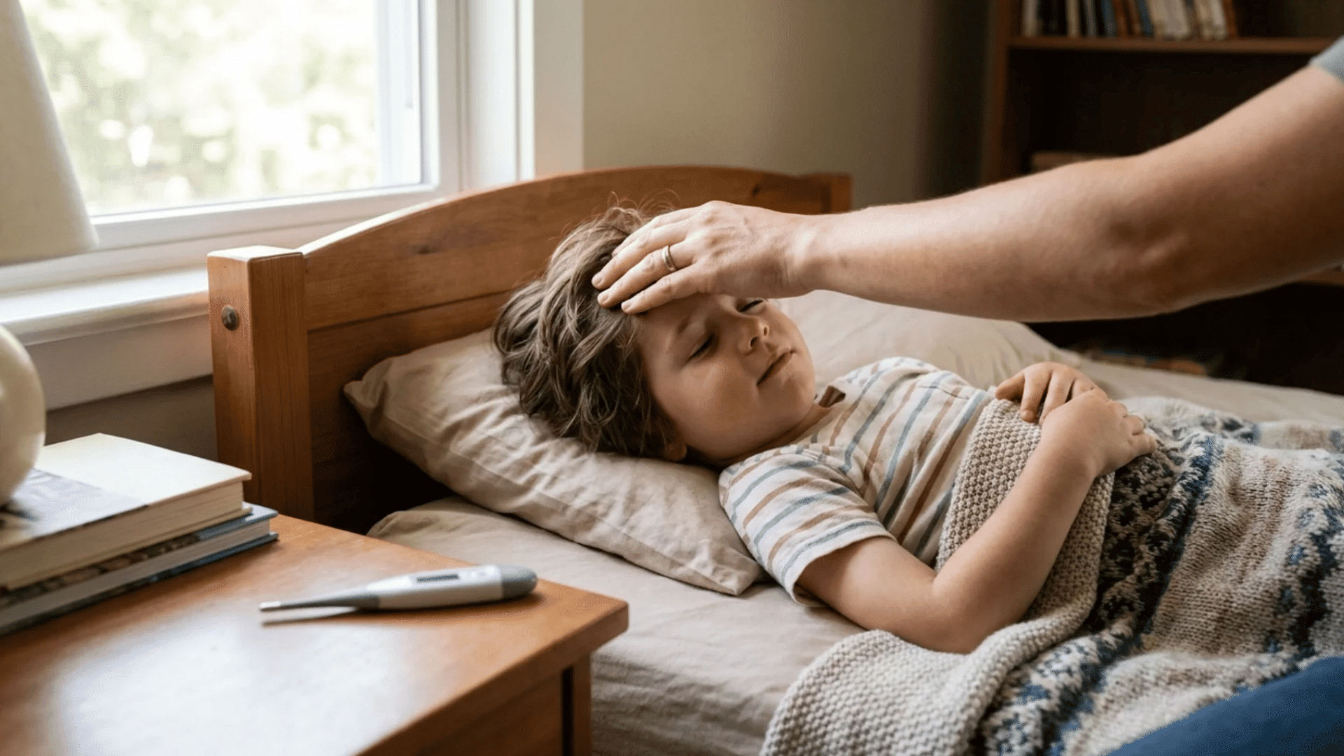 child resting with immune response visualization showing the body fighting infection during fever