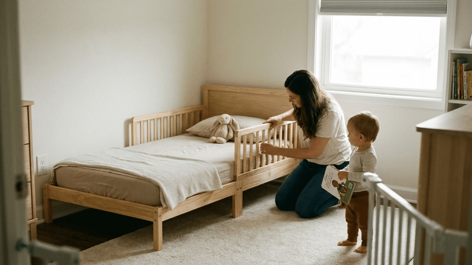 child safe bedroom with a low toddler bed guard rail night light and familiar bedtime items