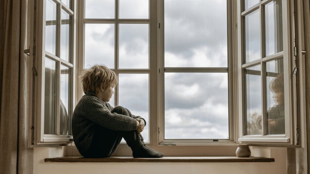 child sitting alone on a windowsill looking outside through a large window with cloudy sky background