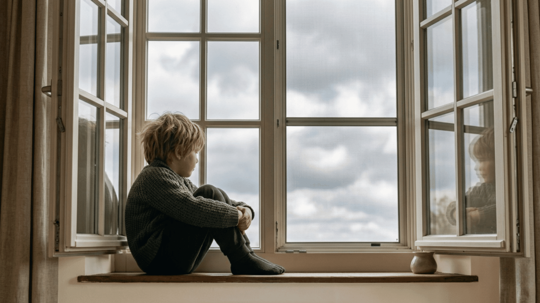 child sitting alone on a windowsill looking outside through a large window with cloudy sky background