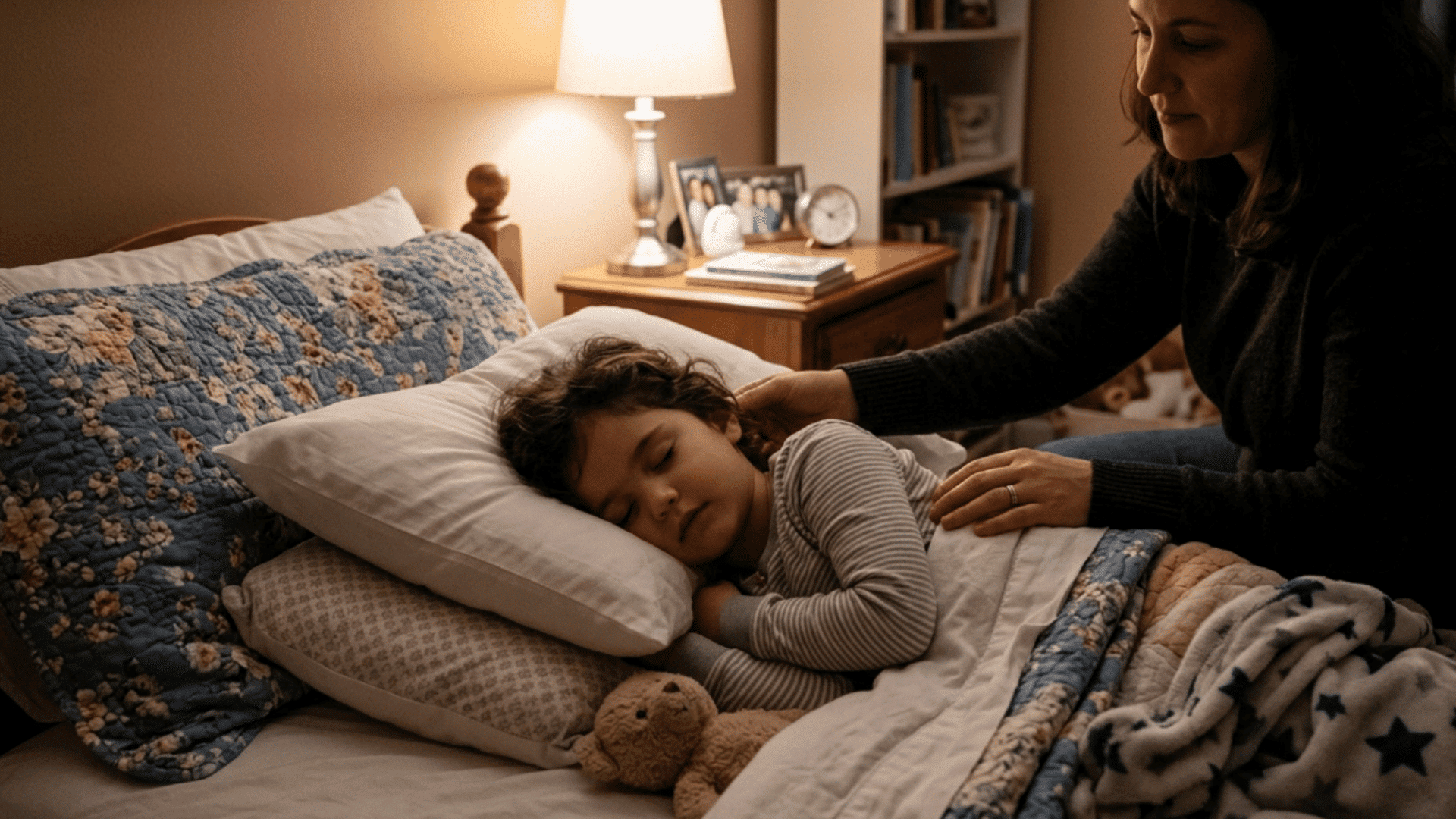 child sleeping with elevated head on pillow for ear pain relief at night in bedroom