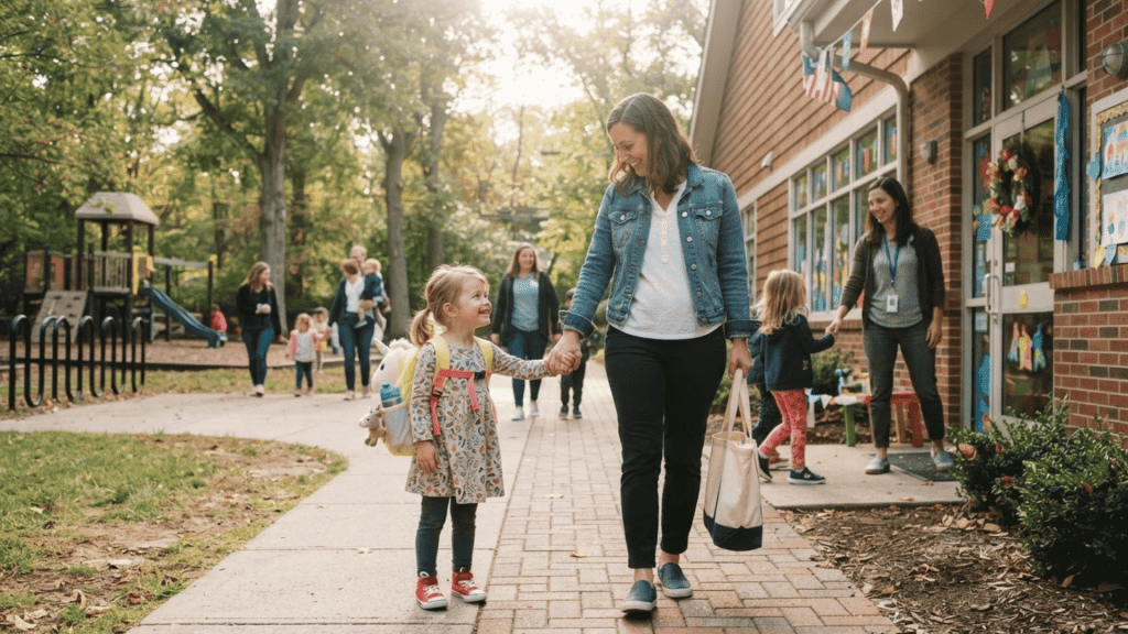child with parent getting ready for preschool outside a school entrance
