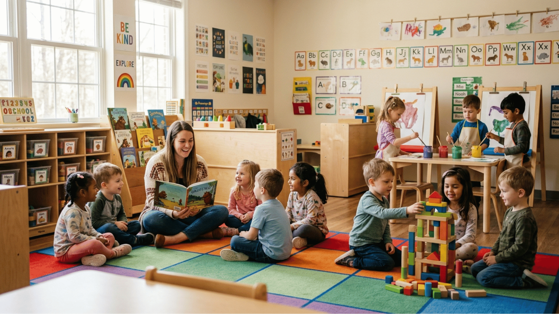 children participating in preschool activities with a teacher reading a book and kids playing with blocks and painting in a classroom
