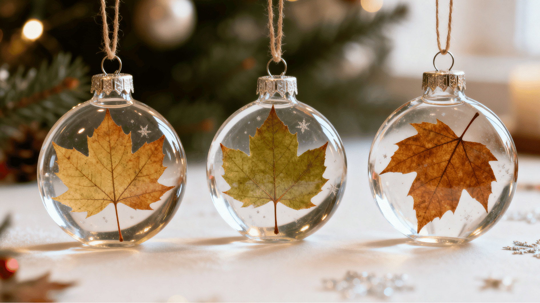 clear glass bauble ornaments filled with autumn leaves hanging with twine on christmas tree soft warm festive background bokeh lights