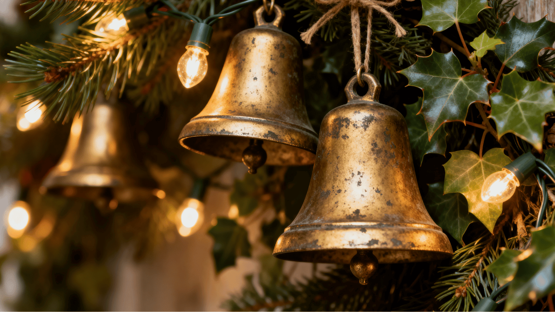close up of vintage brass bells hanging on pine branch with holly leaves and warm christmas lights cozy festive decor