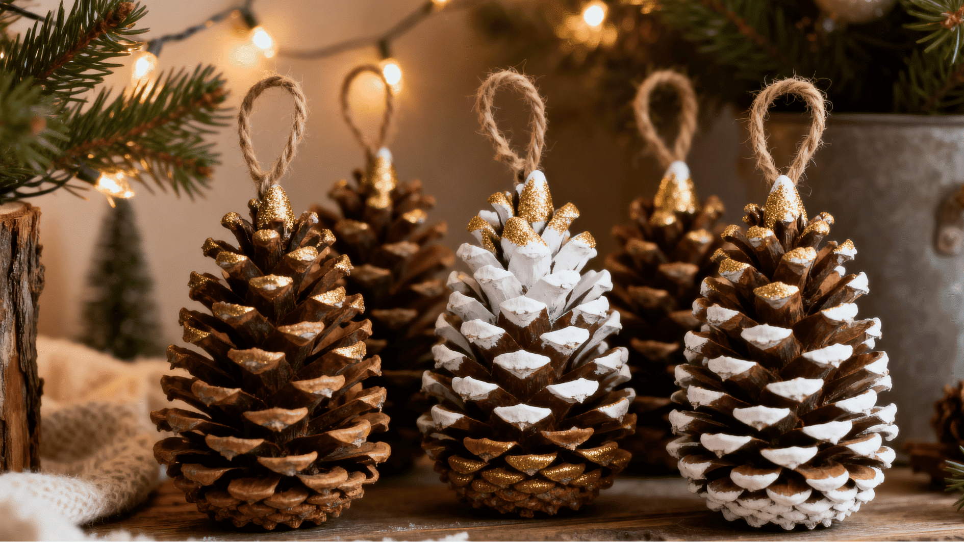 close up pinecone ornaments decorated with gold and white paint hanging with twine in cozy christmas decor with warm lights