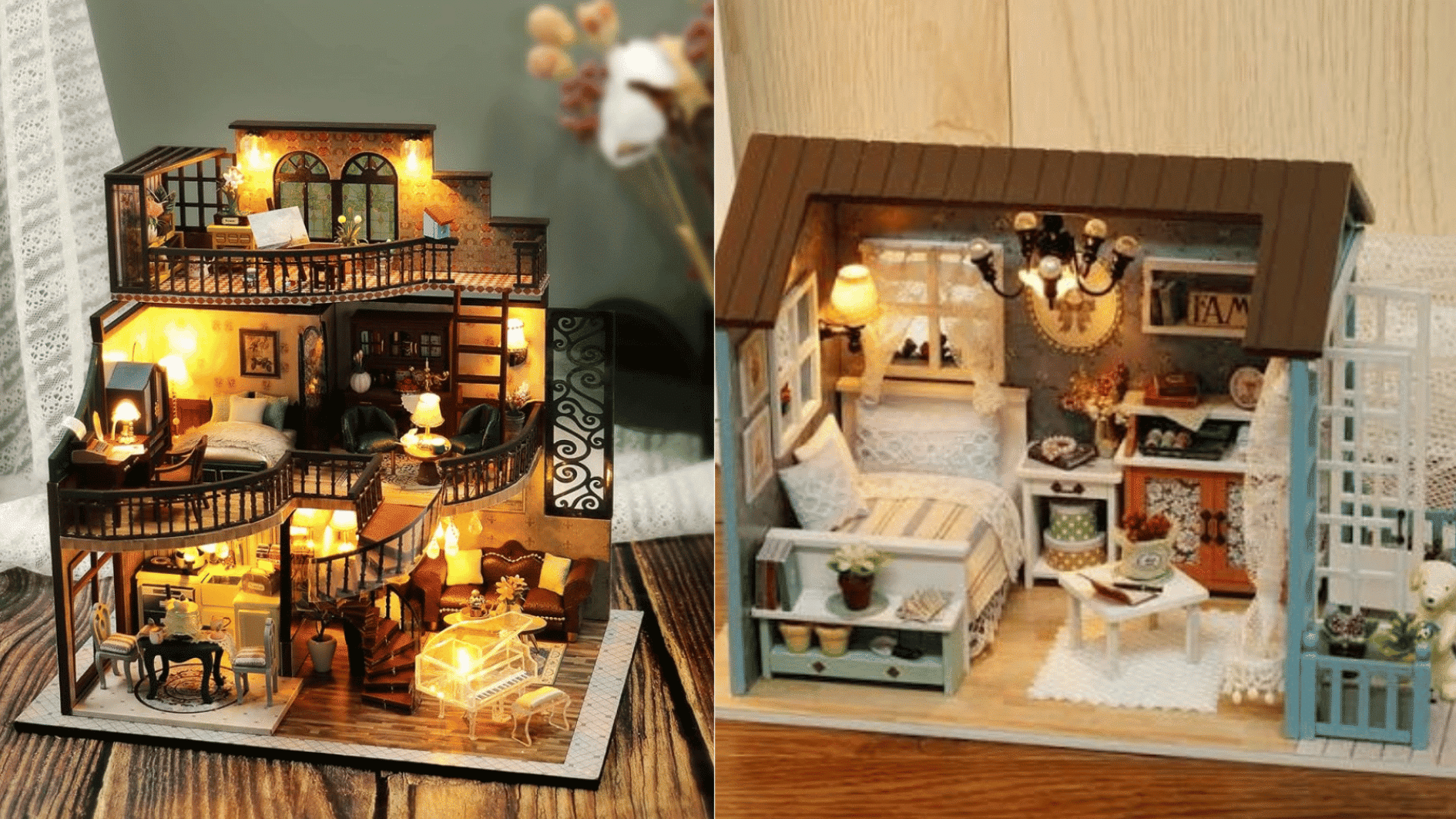 collage in the grid of two with a modern lit up dollhouse on the left and a subtle colorful dollhouse on the right (5)