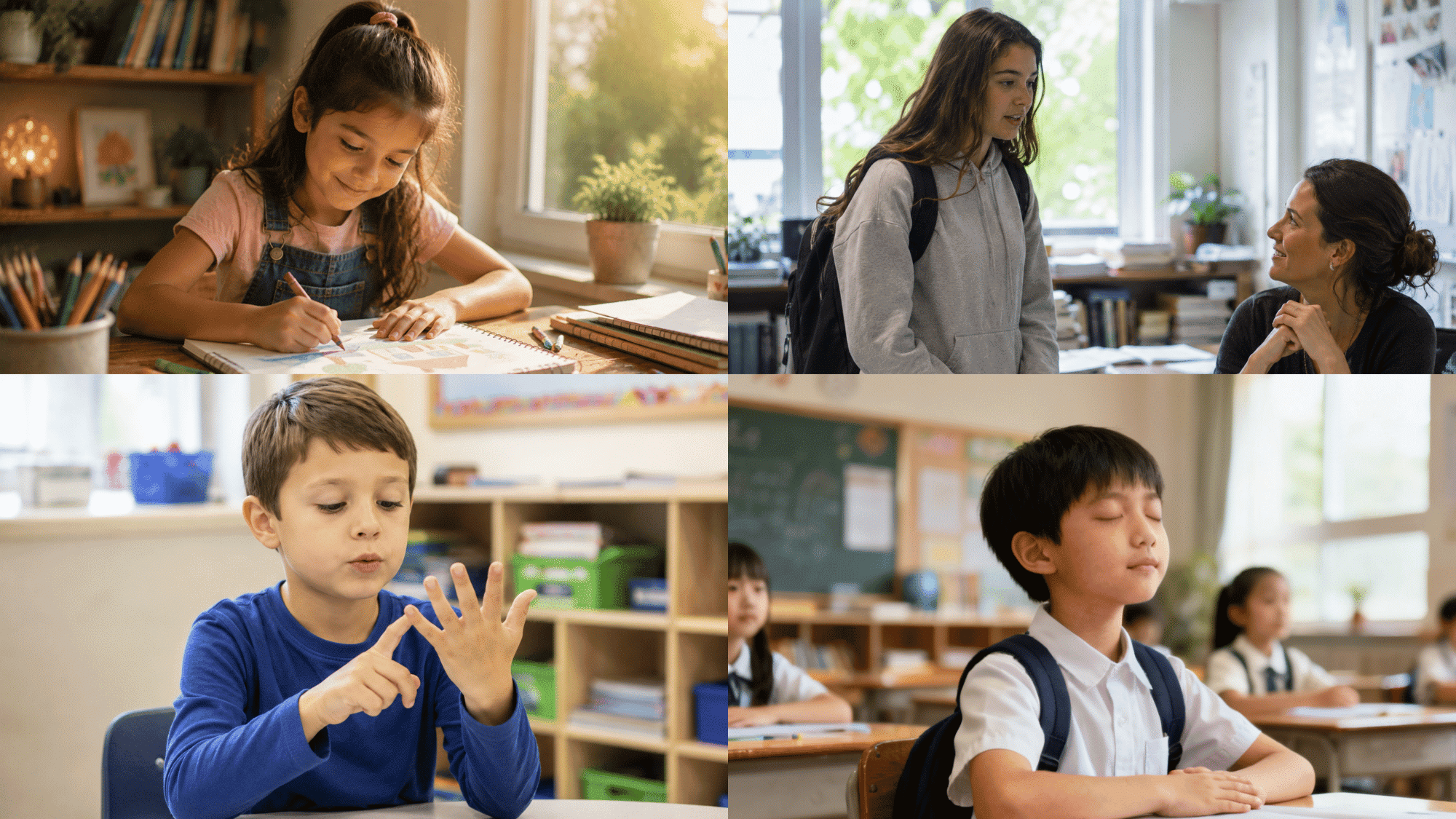 collage of children learning in classroom showing drawing talking with teacher counting fingers and meditation