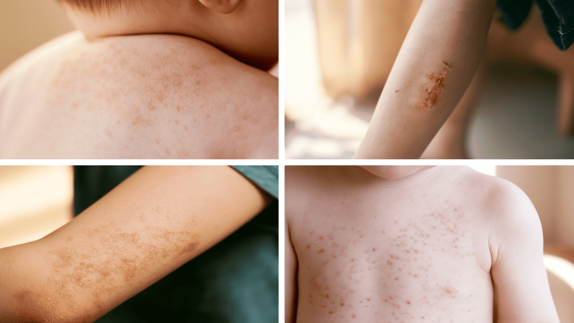 Collage showing different types of child skin rashes including red bumps dry patches and irritated areas on skin