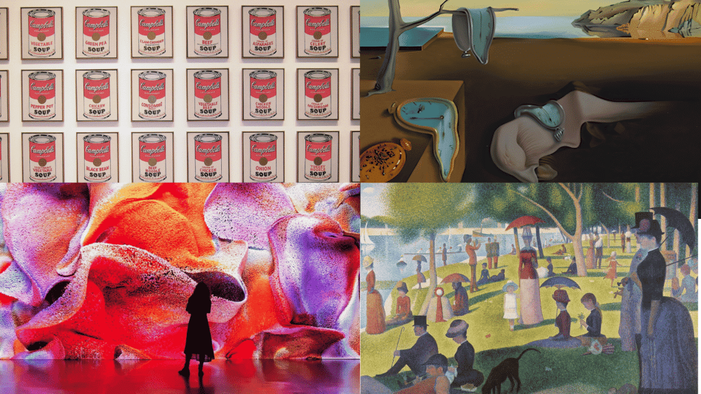 collage showing famous artworks from pop art surrealism impressionism and modern art movements in history