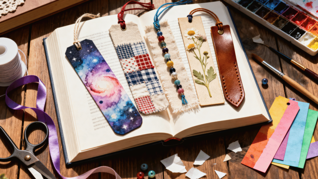 collection of handmade diy bookmarks with colorful designs arranged on an open book with craft supplies nearby