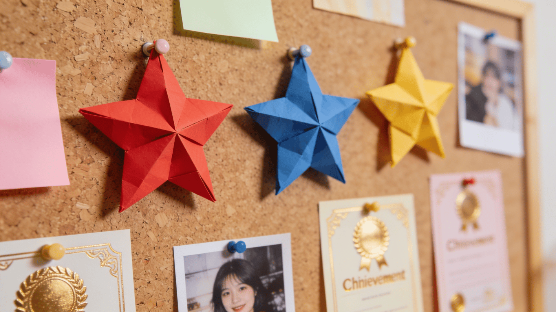 colorful paper stars pinned to a bulletin board alongside notes, photos, and achievement certificates as decorative accents