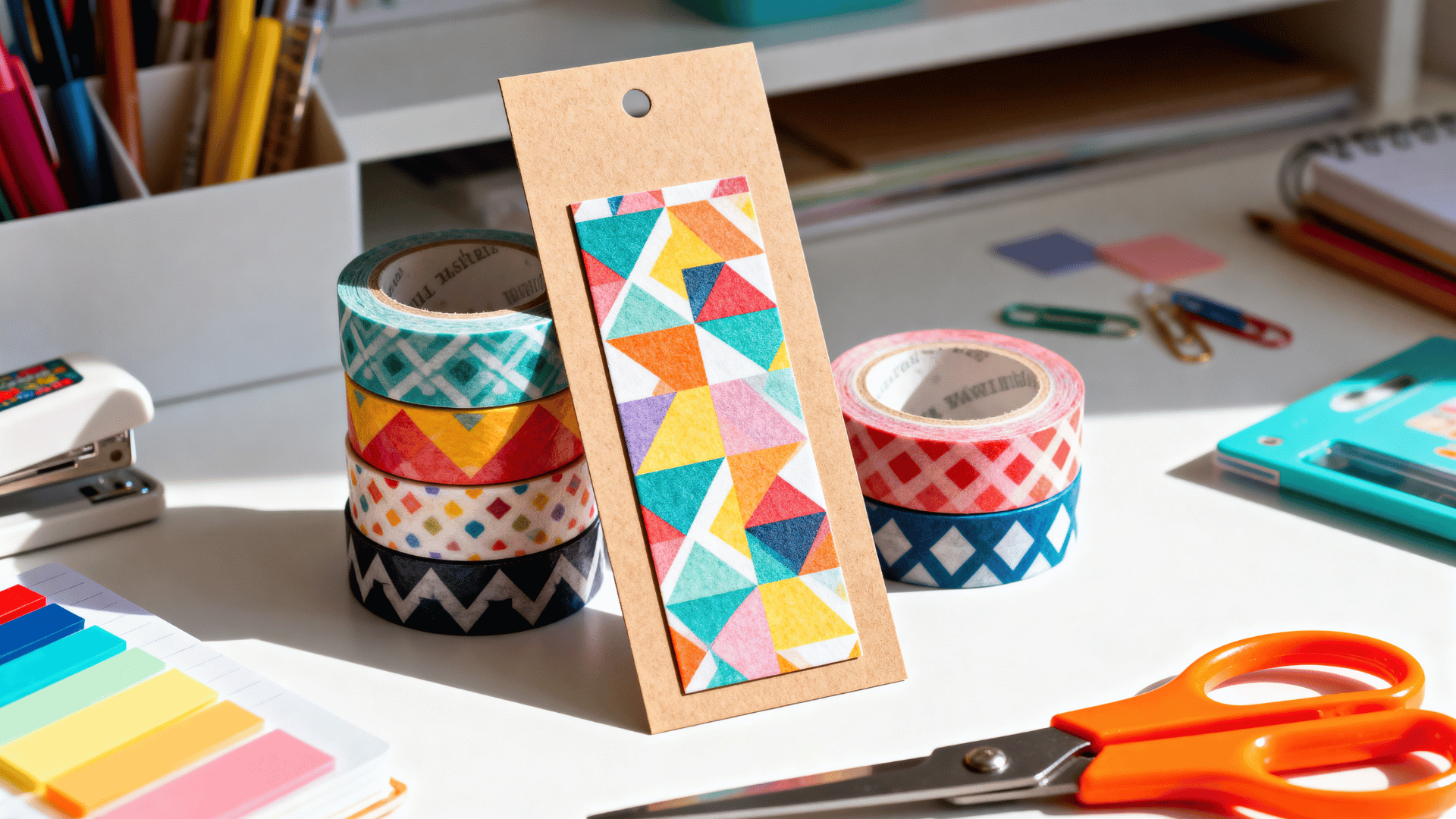 colorful washi tape bookmark with layered patterns displayed beside decorative tapes scissors and stationery items