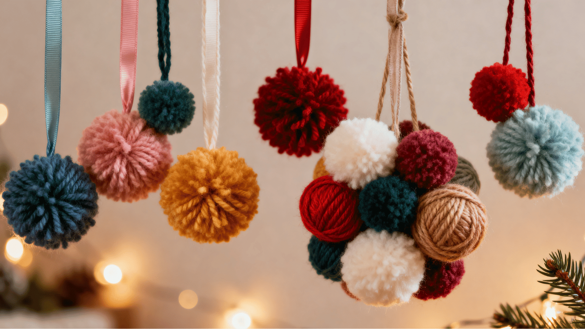 colorful yarn pompom christmas ornaments hanging in rows with soft bokeh lights creating cozy handmade festive decoration display