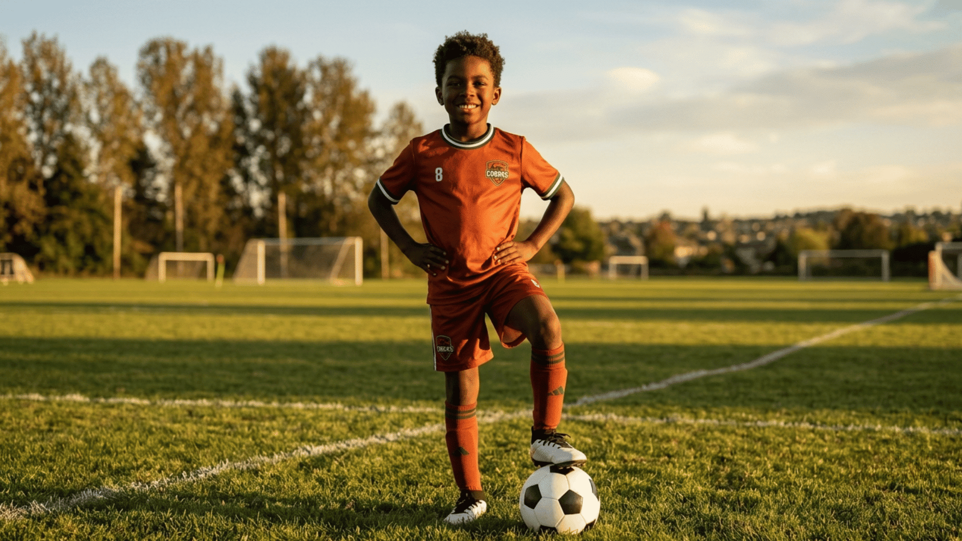 confident young boy in a rust jersey standing on a soccer field with one foot on the ball in afternoon sun