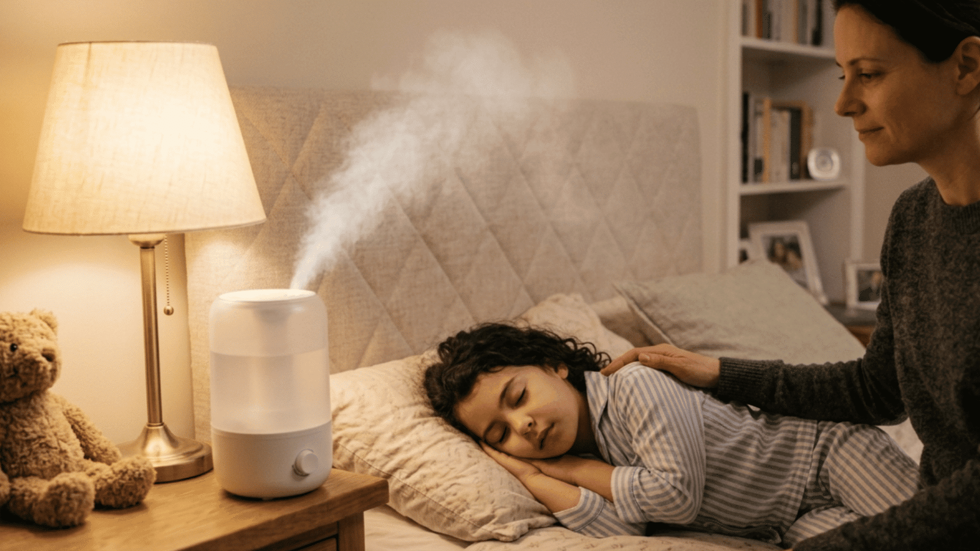 cool mist humidifier running near sleeping child easing ear and sinus pressure at night