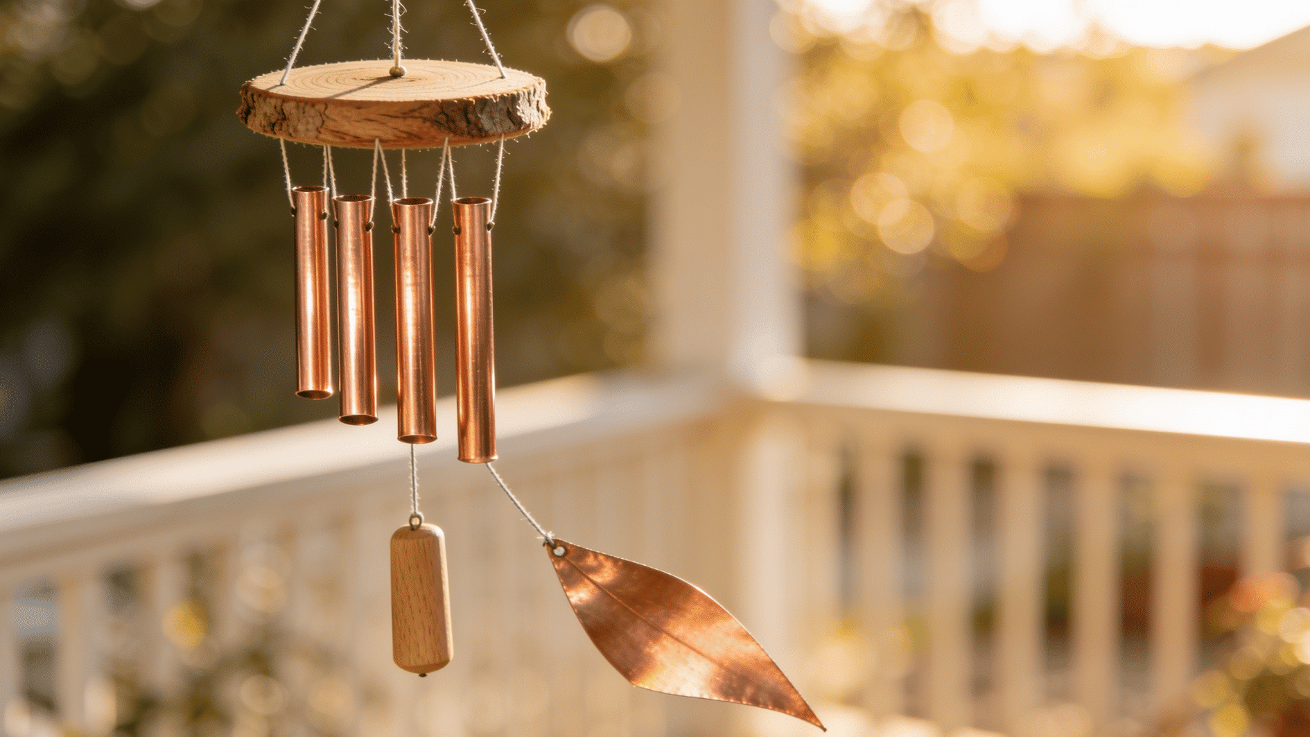 copper pipe wind chime with five descending tubes and a wooden wind sail on a patio