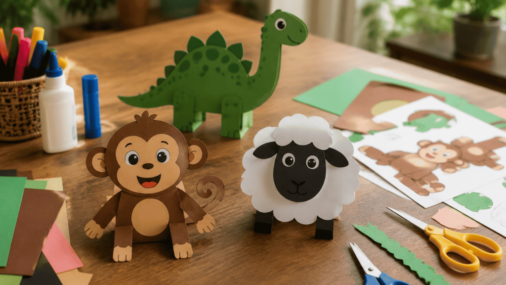 craft table with paper monkey sheep and dinosaur crafts surrounded by glue scissors and colored paper on table