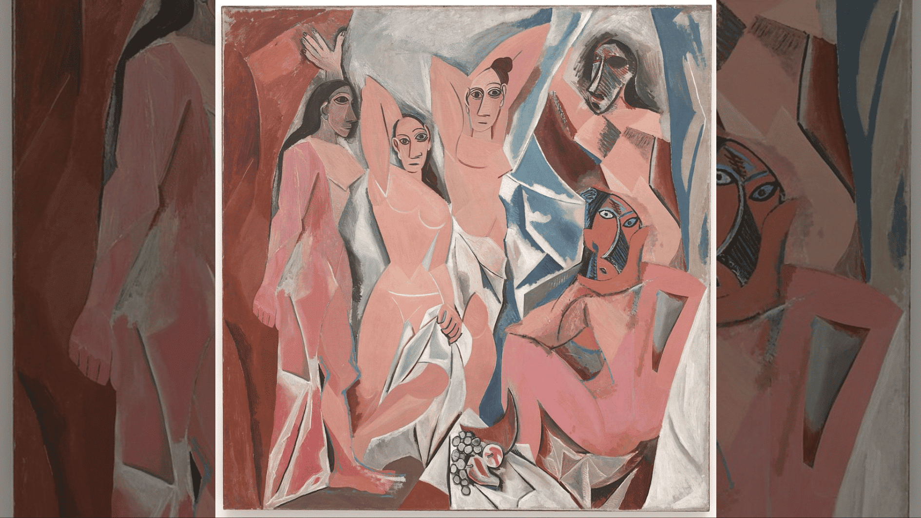 Cubist painting of fragmented women figures with geometric shapes and overlapping faces