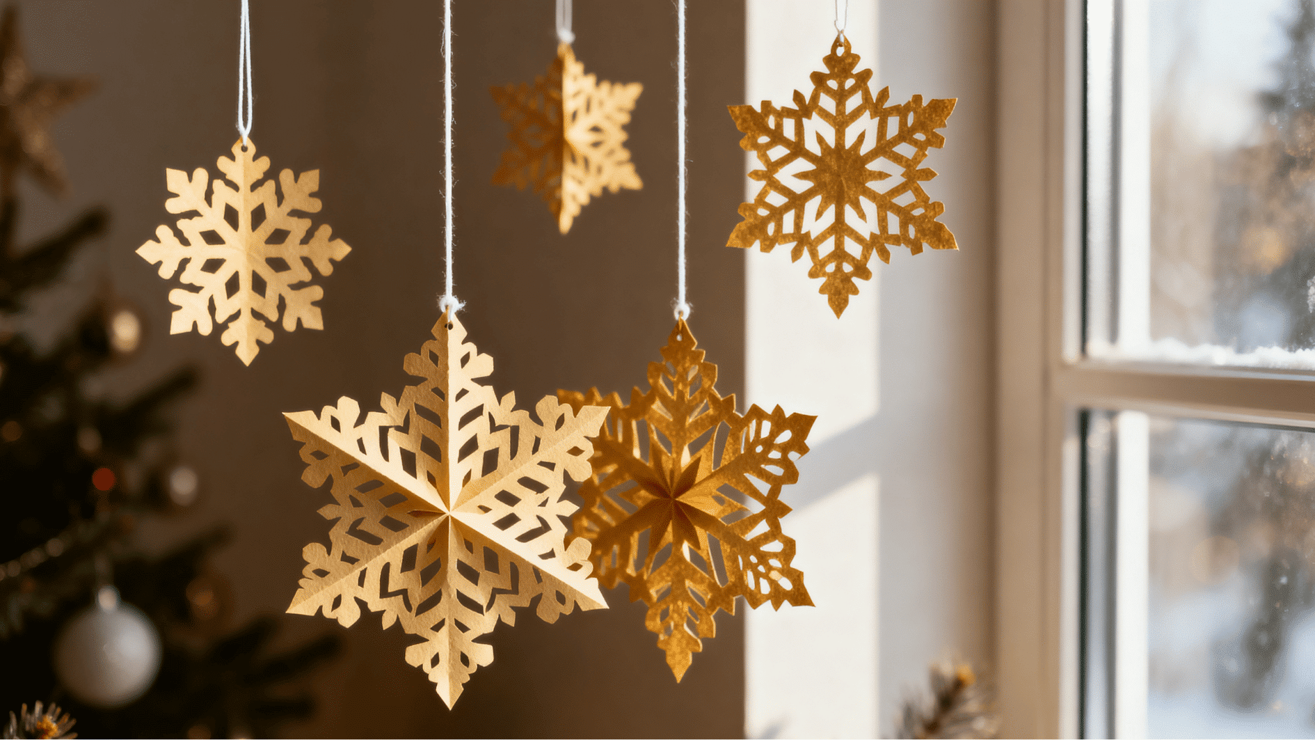 delicate golden paper snowflake ornaments hanging on white strings in a cozy christmas setting near a window with warm light and blurred background