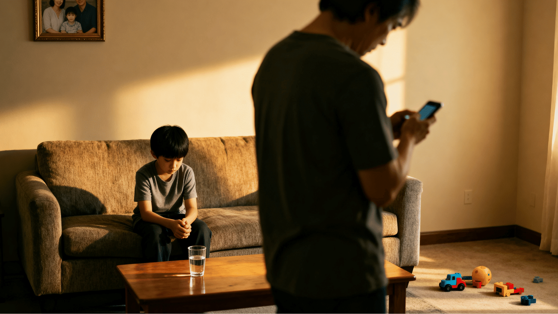 distracted parent using phone while child sits alone on sofa, showing emotional distance at home.