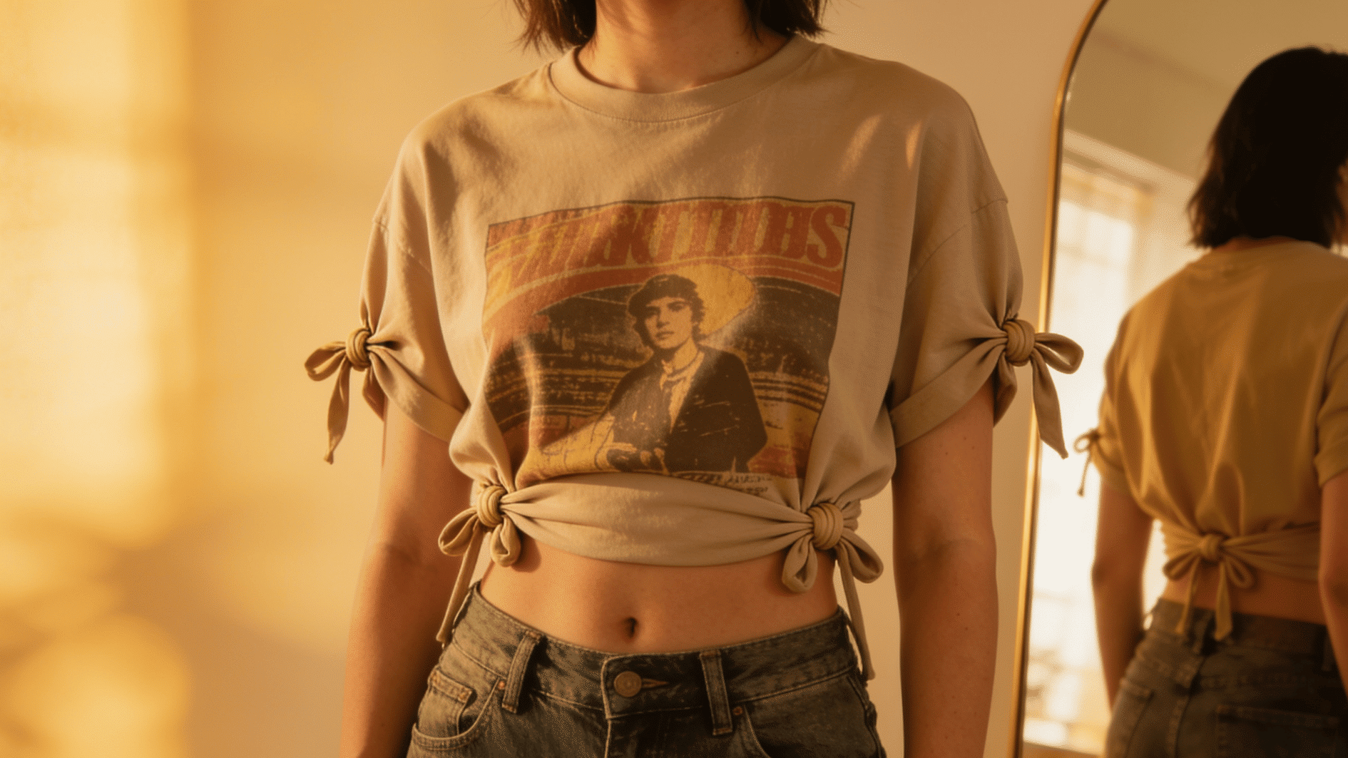 diy bow pattern on sides of a tshirt, cut and tied together carefully