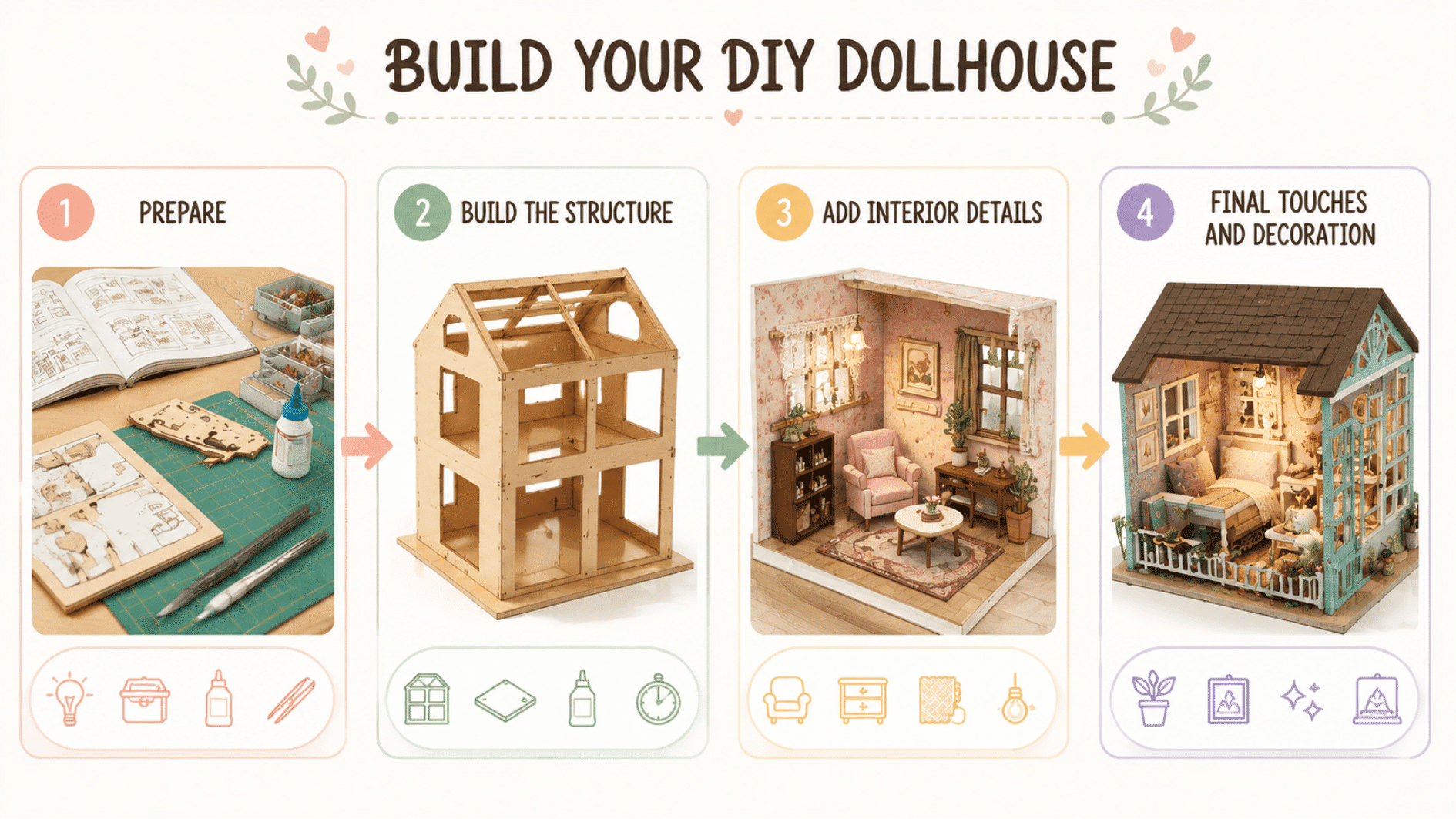 diy dollhouse assembly infographic showing preparation structure building interior details and decoration steps