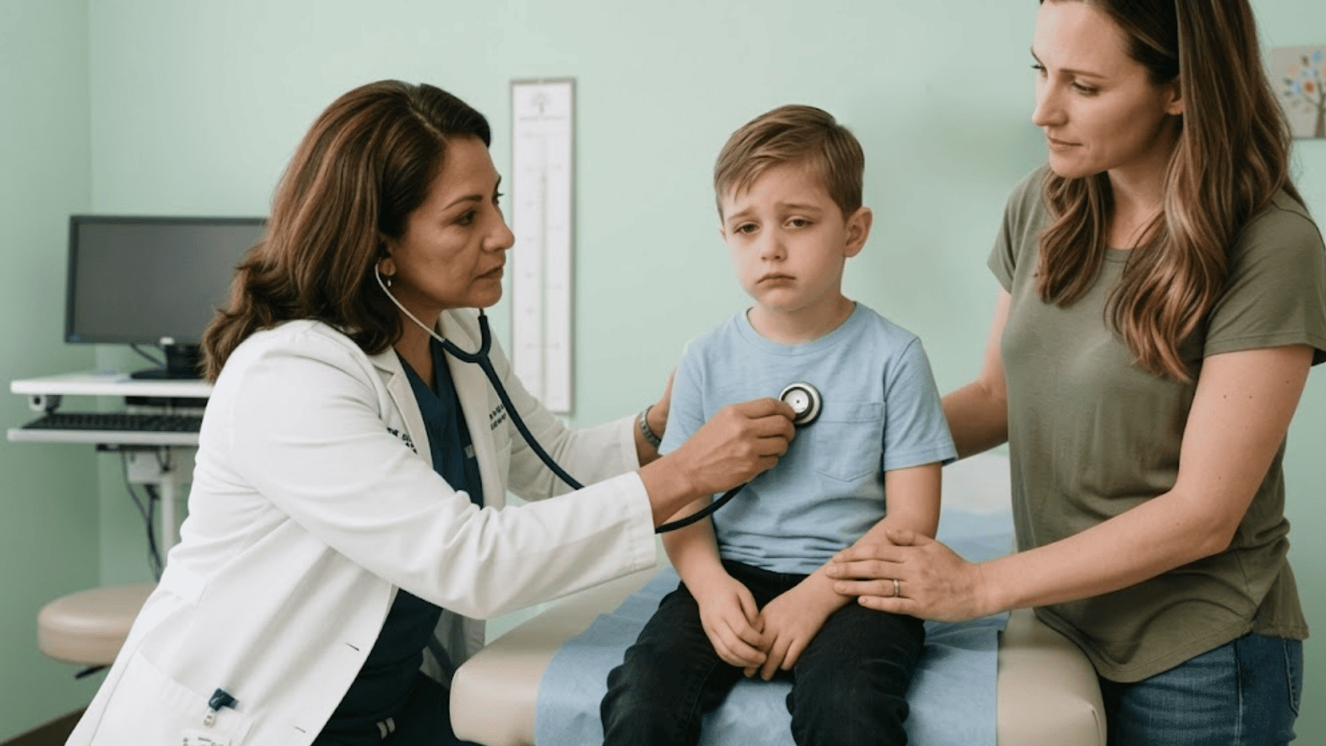 doctor checking child with stethoscope during medical visit with parent nearby in clinic room