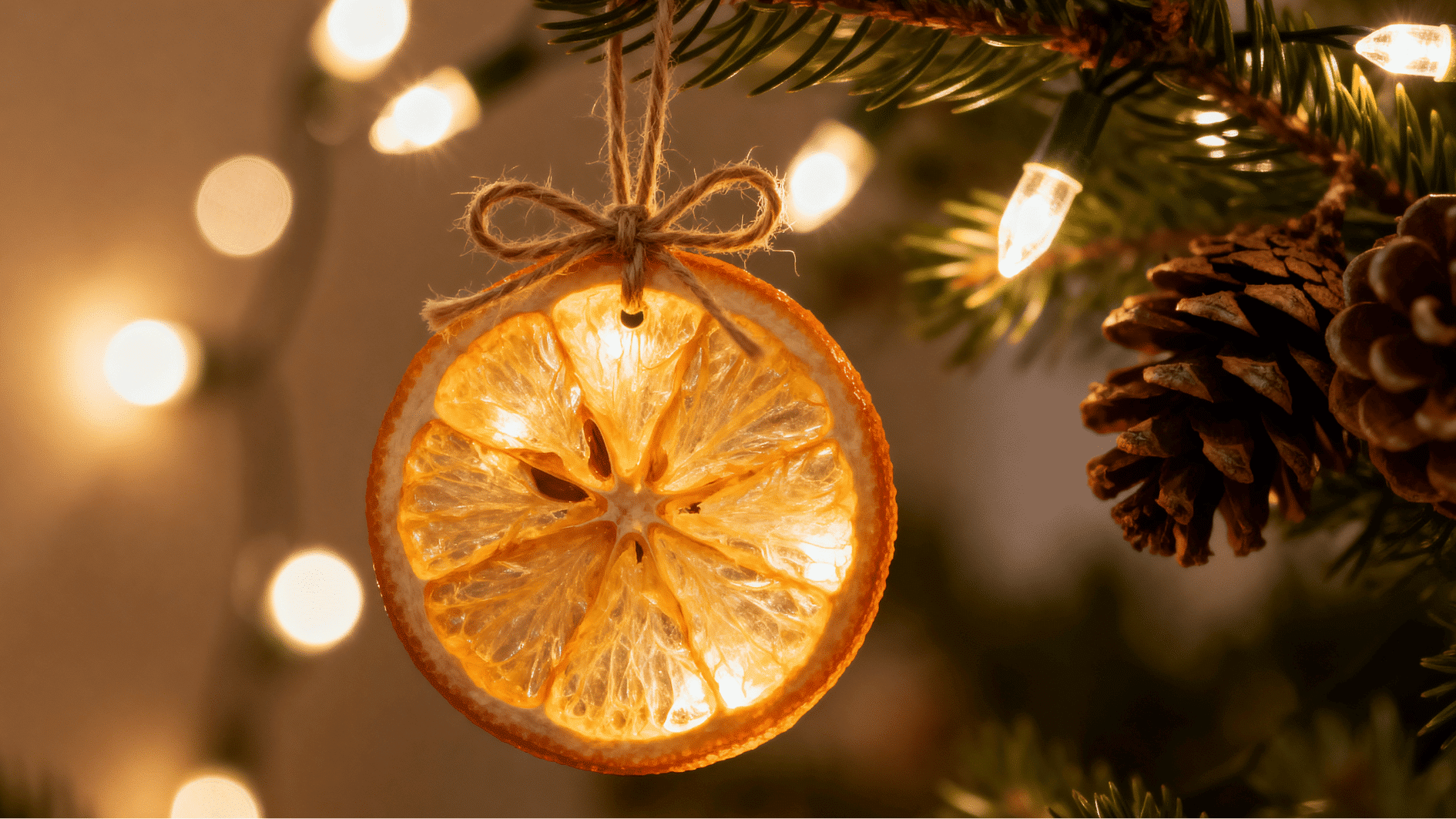 dried orange slice ornament glowing with warm light hanging on christmas tree branch with fairy lights cozy rustic holiday setting