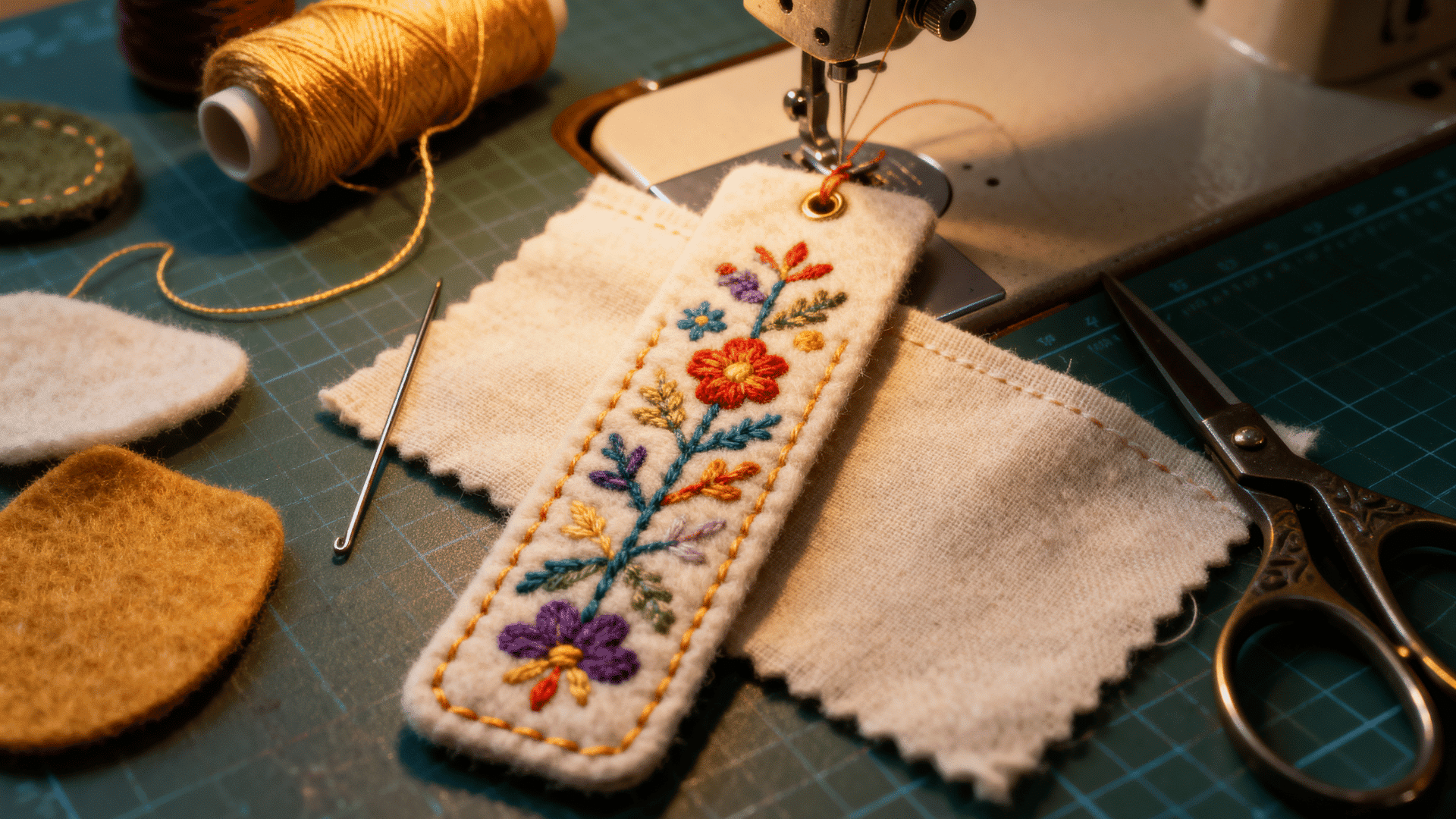 embroidered felt bookmark with colorful stitched patterns displayed beside thread needle and sewing materials