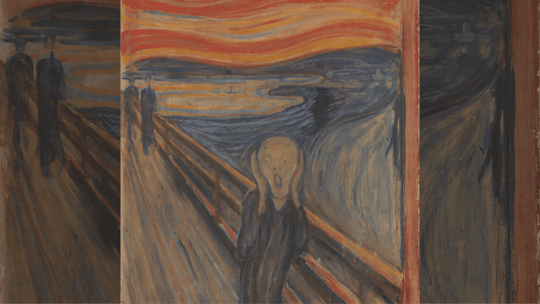 Expressionist painting of a figure screaming on a bridge under a swirling orange sky