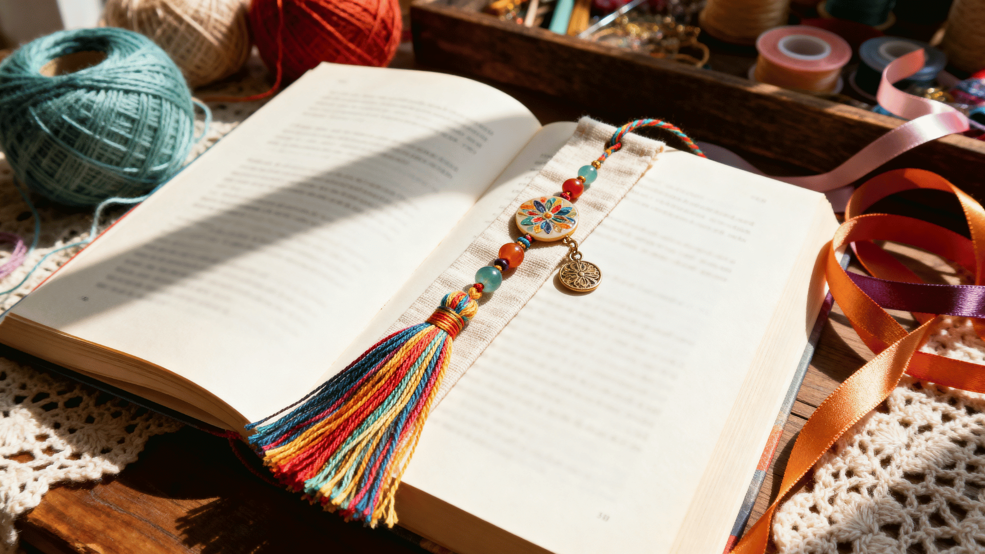 fabric tassel bookmark with colorful threads beads and ribbons displayed on an open book with craft materials