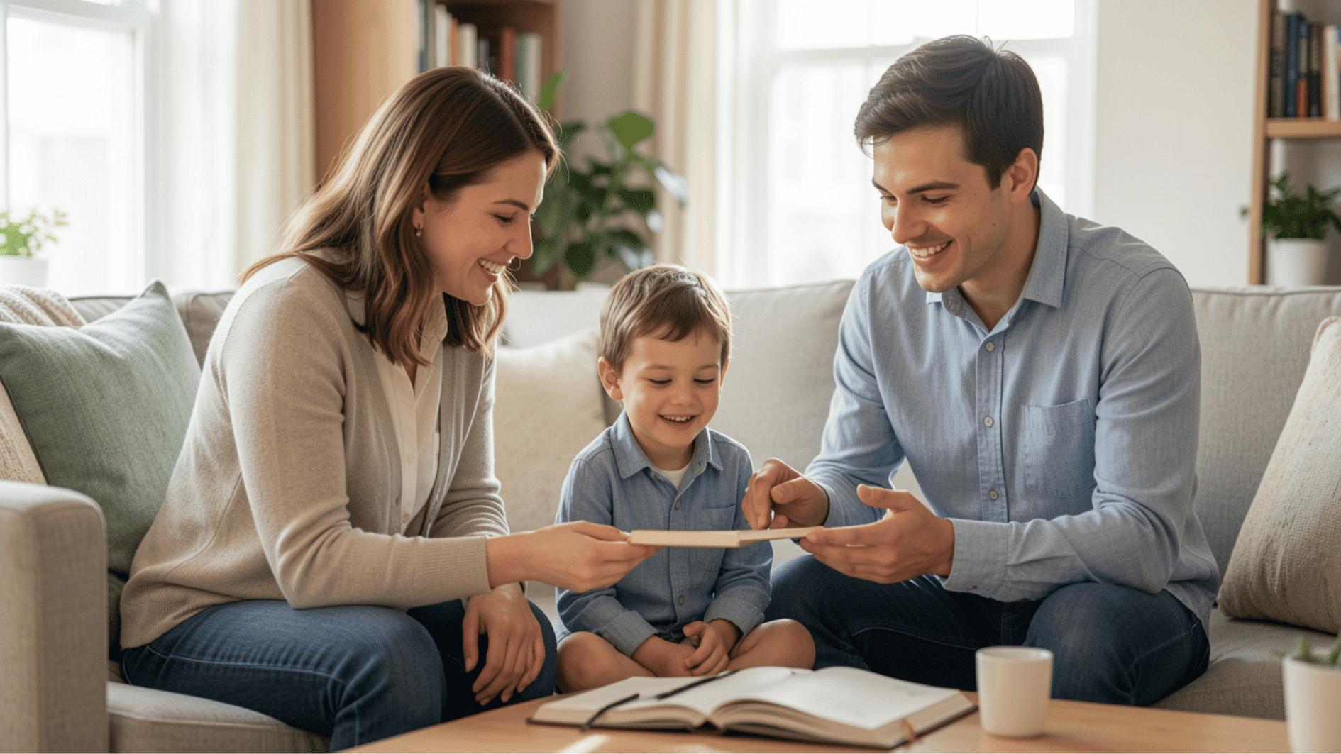 family reading a book together on the living room couch