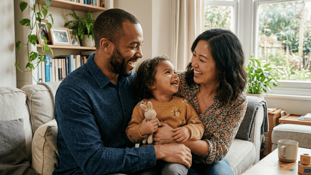 family with parents holding a young child together on a cozy living room sofa at home