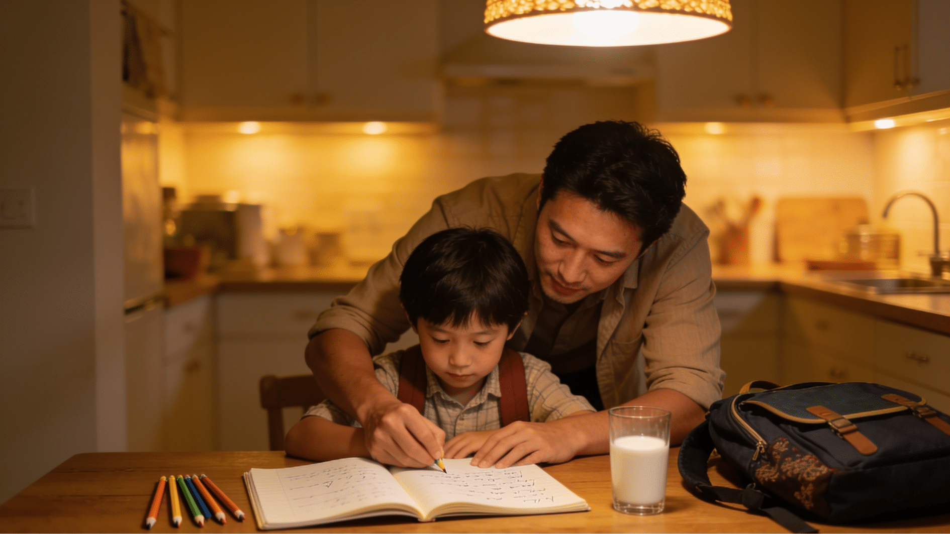 father helping child with homework at kitchen table