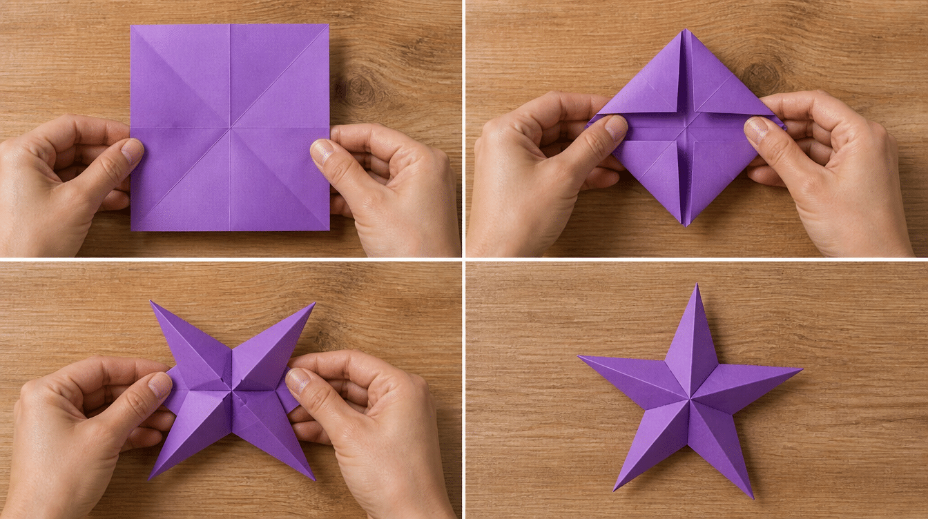 folding sequence showing a purple paper star, from creased square sheet to completed five-point origami star on a wooden table