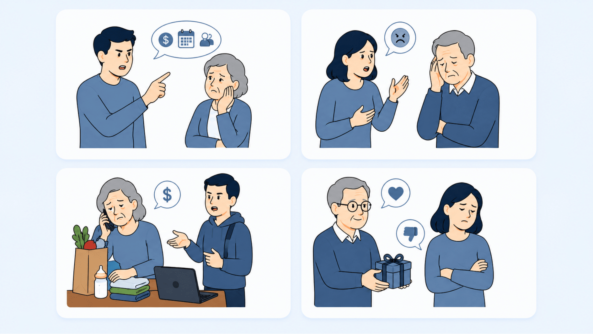 four-panel illustration showing family conflict, guilt, financial pressure, and lack of appreciation