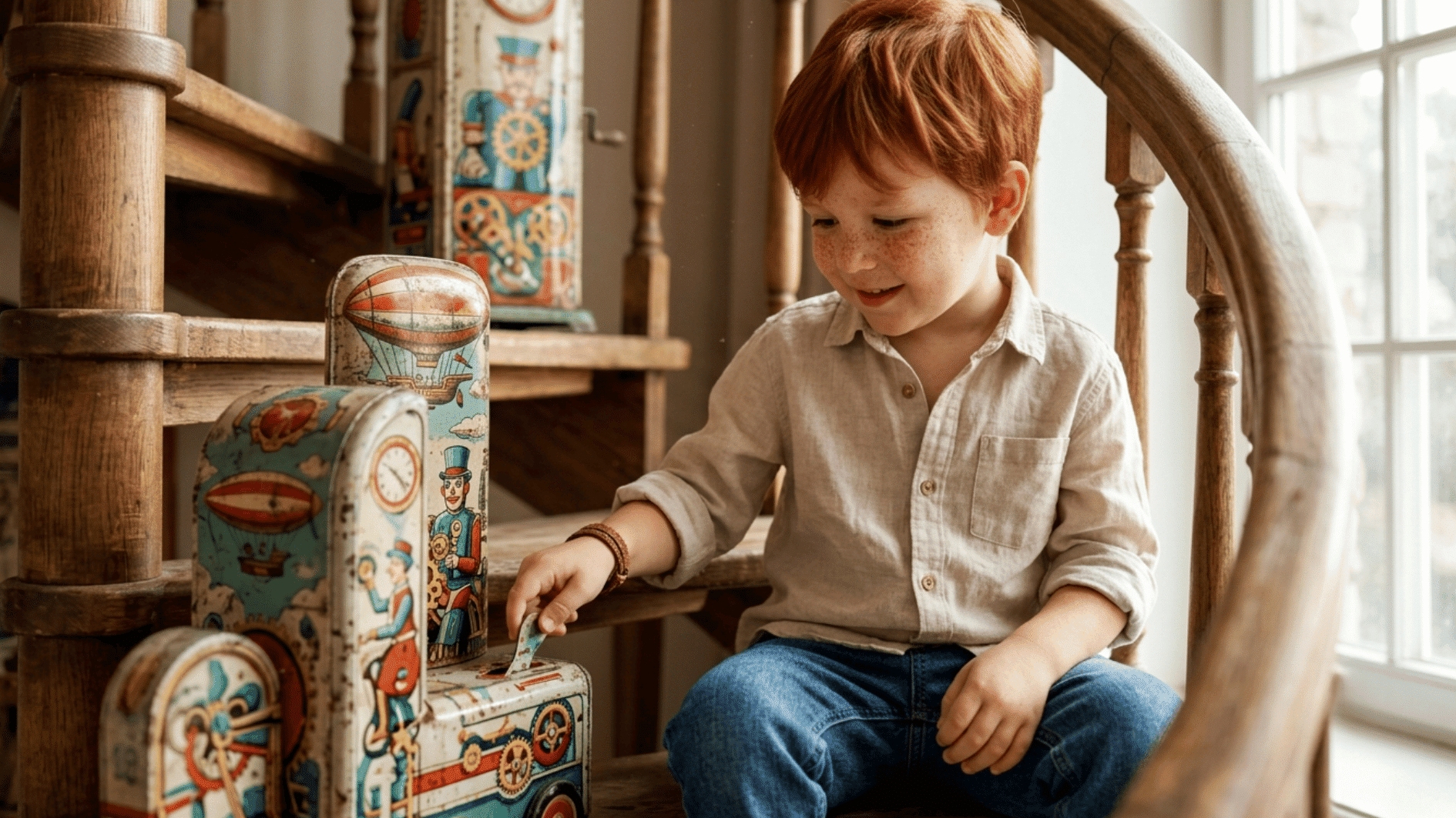 freckled red haired boy in suspenders and a flat cap winding an old tin toy on wooden stairs in warm light