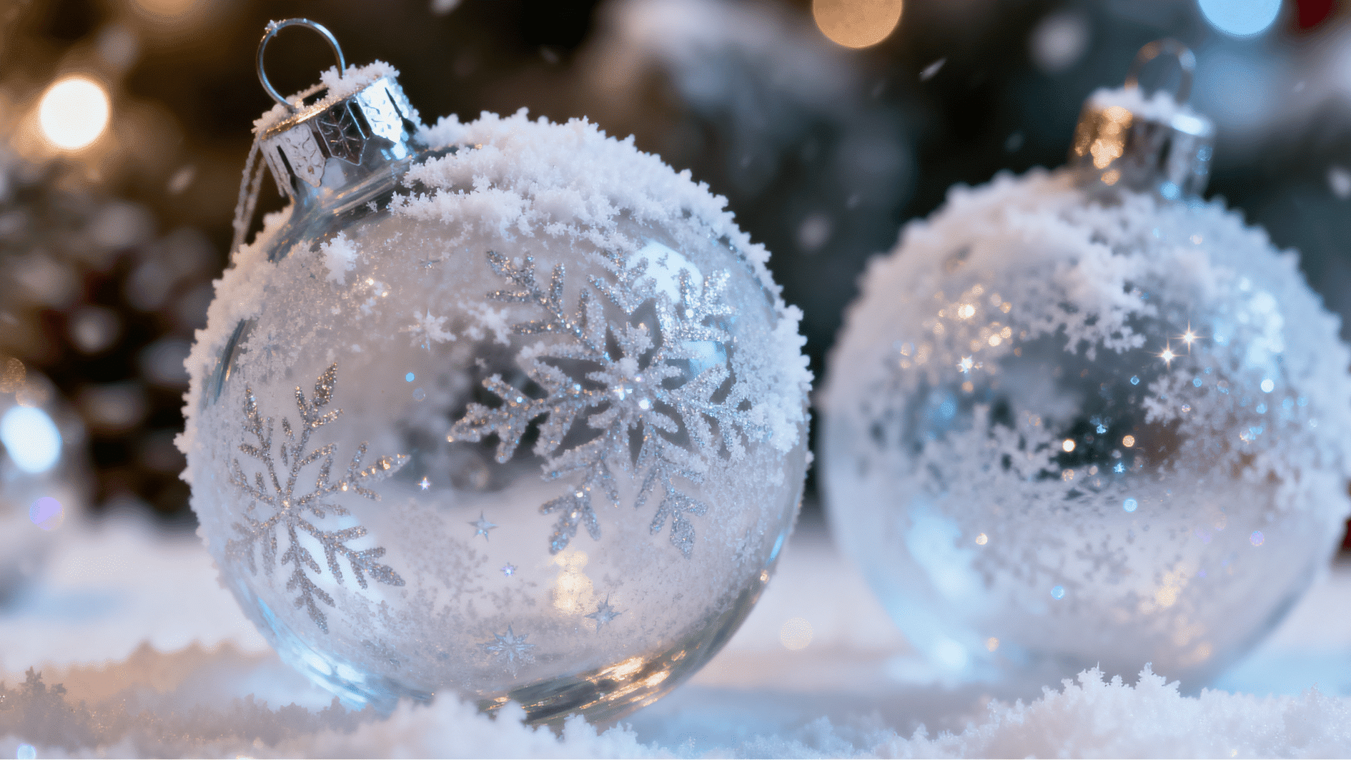 frost covered glass christmas baubles with etched snowflake patterns resting in fresh snow with soft holiday bokeh lights