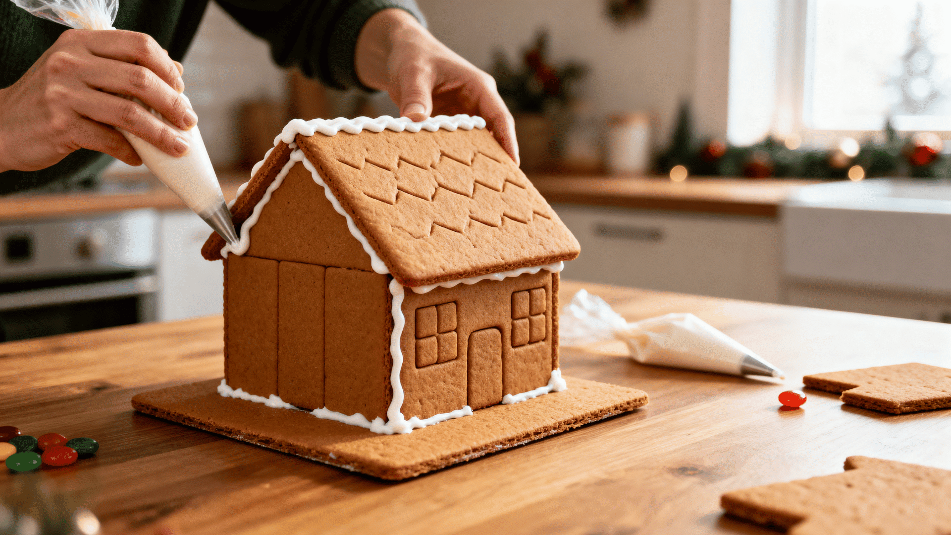 fully assembled gingerbread house with matching baked panels as icing is added for touches on the kitchen counter
