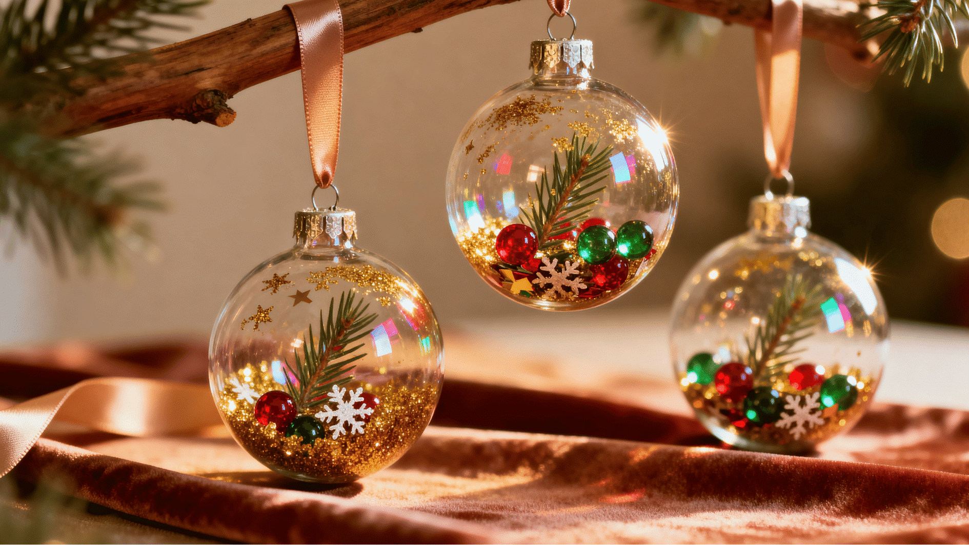 glass christmas baubles filled with gold confetti and reflective glitter hanging on branch with warm festive bokeh lights