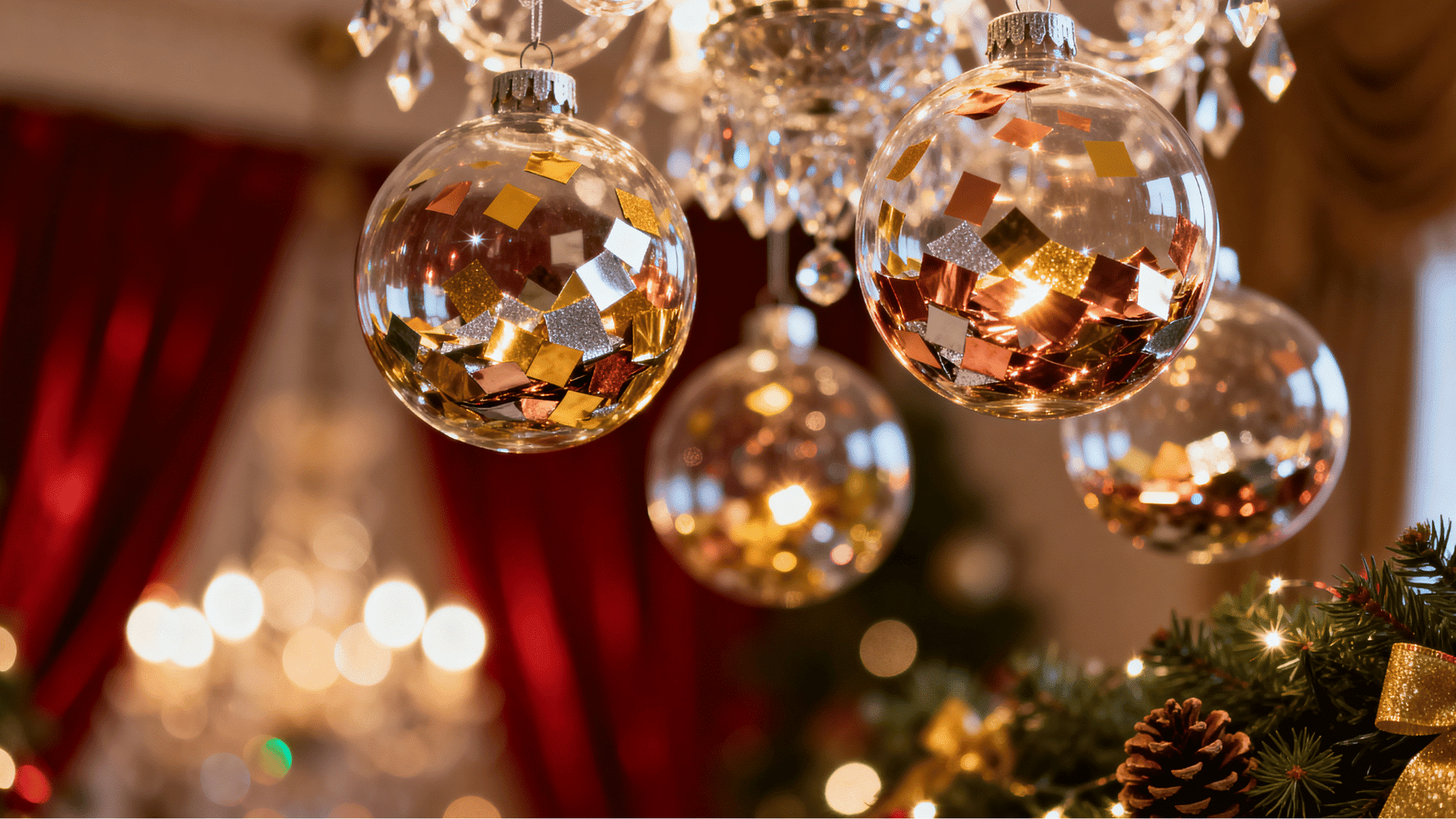 glass christmas baubles filled with gold confetti hanging from chandelier with warm lights and red curtain festive background