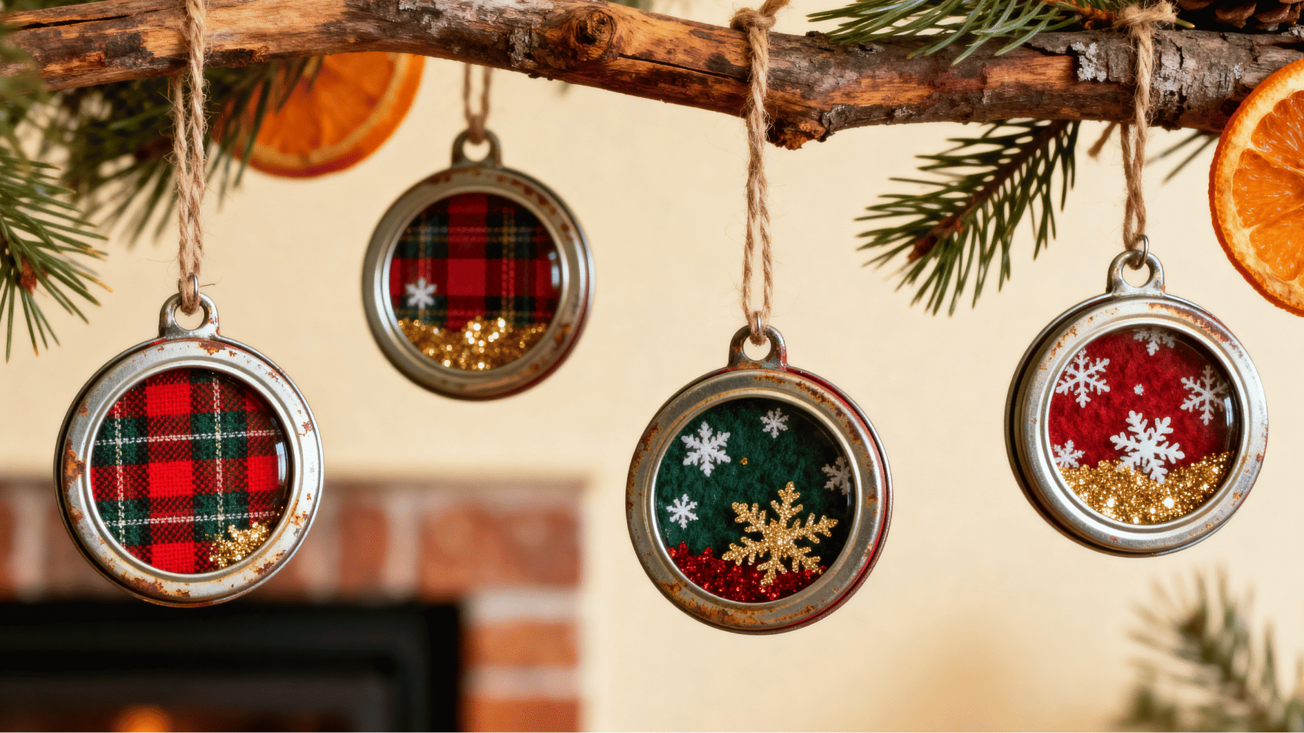 glass christmas baubles filled with plaid fabric and snowflake designs hanging from branch with lights and festive cozy background
