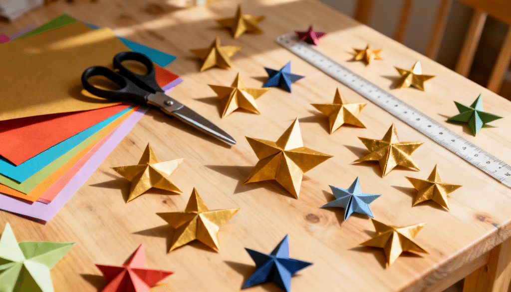 gold and colorful 3d paper stars scattered on a wooden table with scissors, a ruler, and a stack of multicolored craft paper sheets