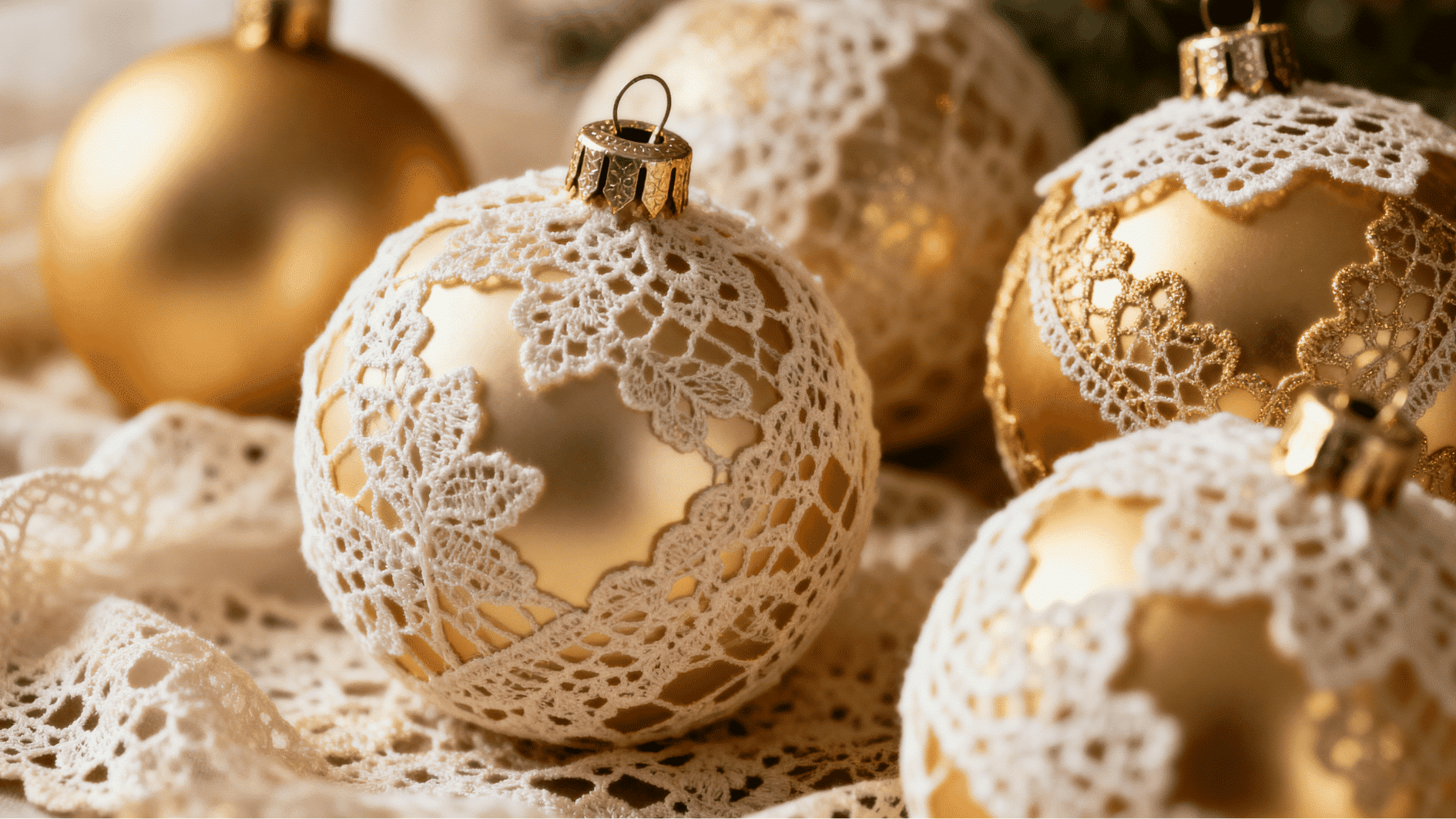 gold christmas baubles decorated with delicate white lace patterns arranged on soft fabric with elegant festive holiday lighting